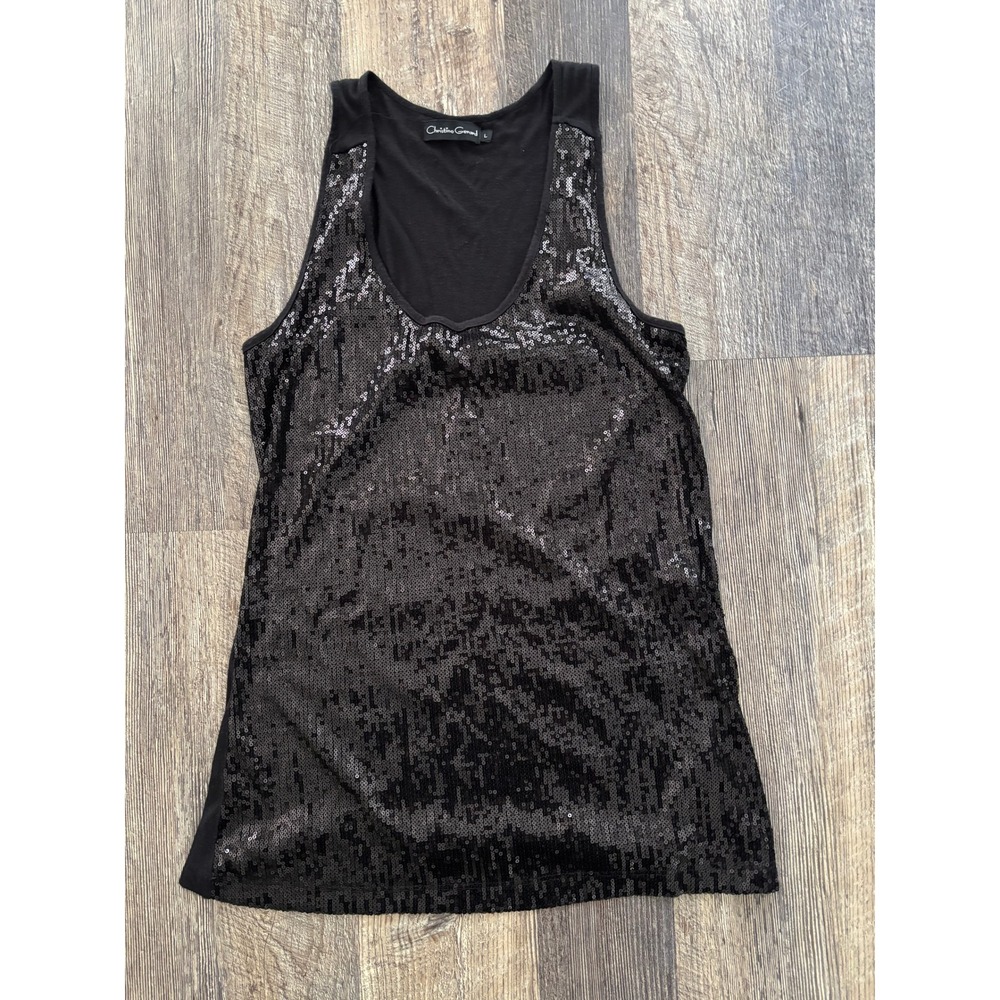 Christine Gerard Womens Black Sequin Tank Top Scoop Neck Sleeveless Size L